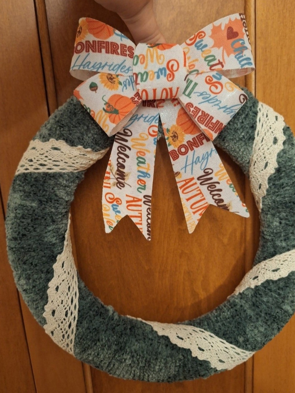 Seasonal Welcome Autumn Green Wreath with Printed Bow